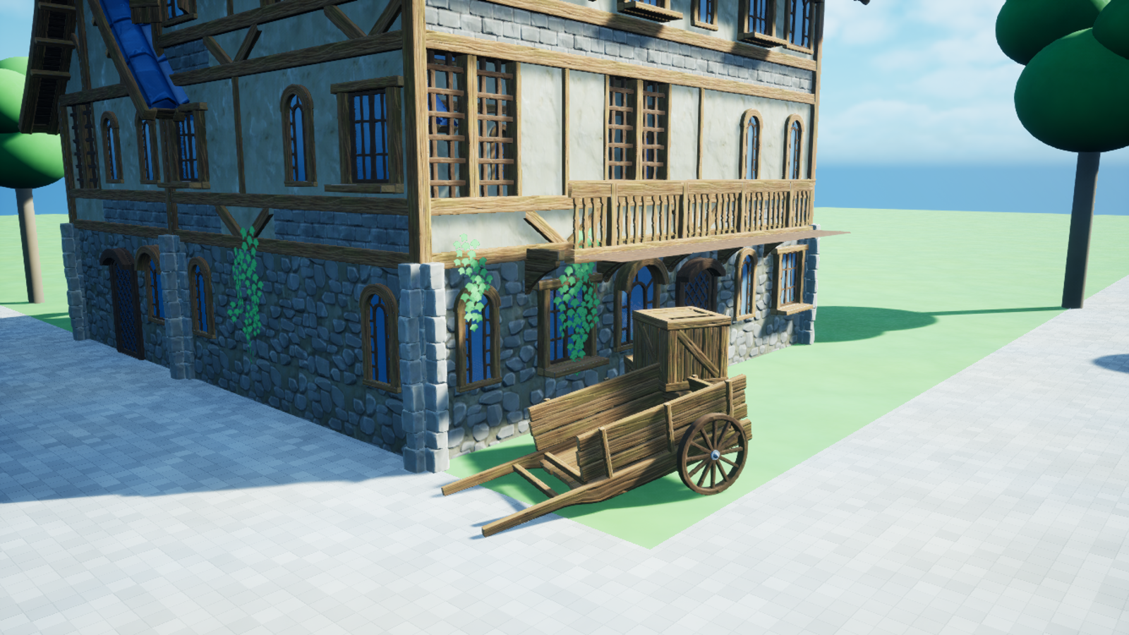 The inn, assembled from the village kit: timber frames, tile roofs, vines.