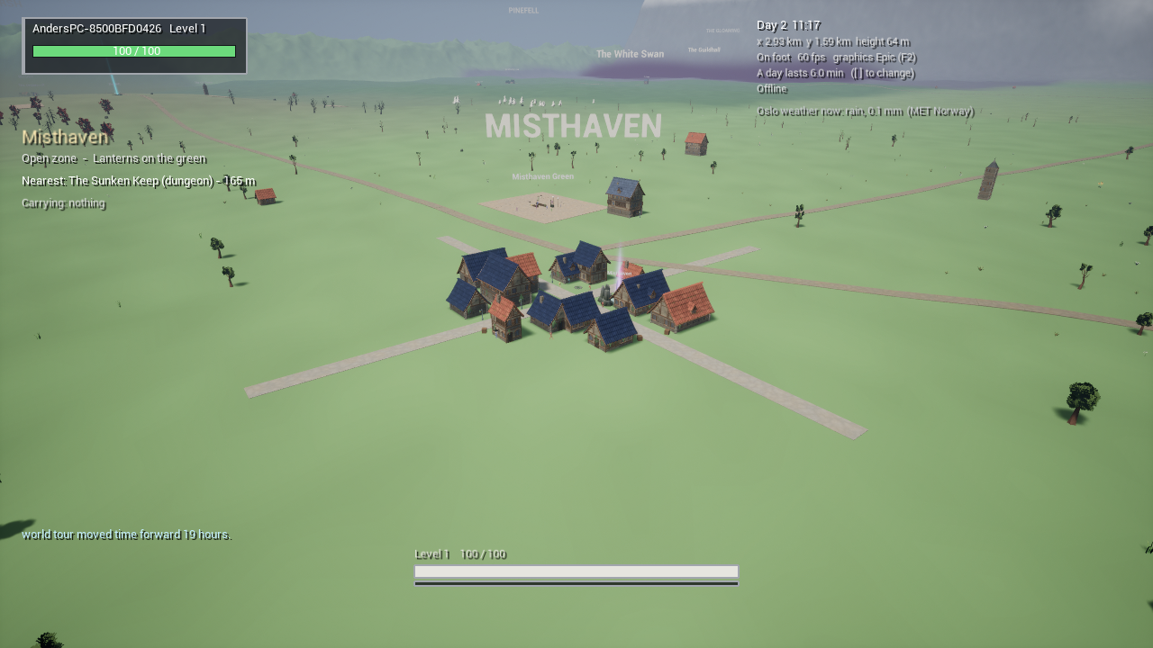 Misthaven from the air: about a dozen houses at a crossroads.