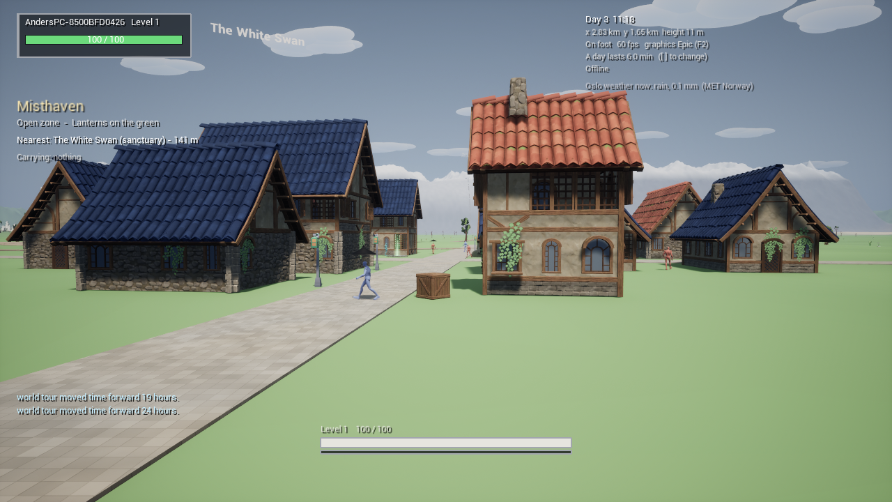 World v2: Misthaven, the start village, with The White Swan.