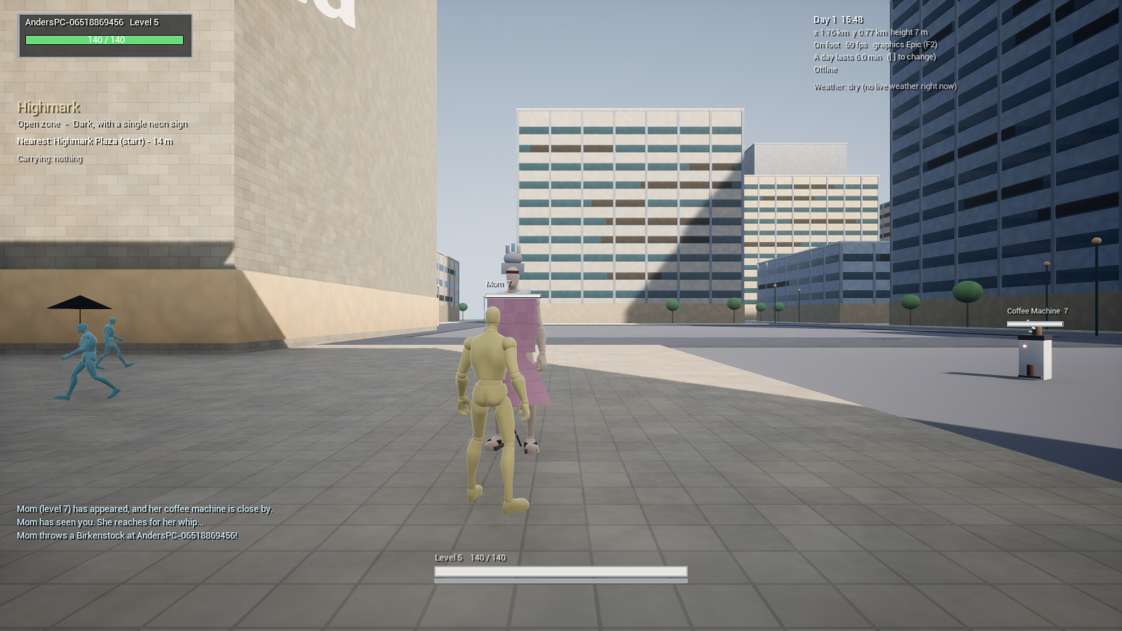 0.18.11: the city of the first concept. Office blocks, asphalt, mannequins.